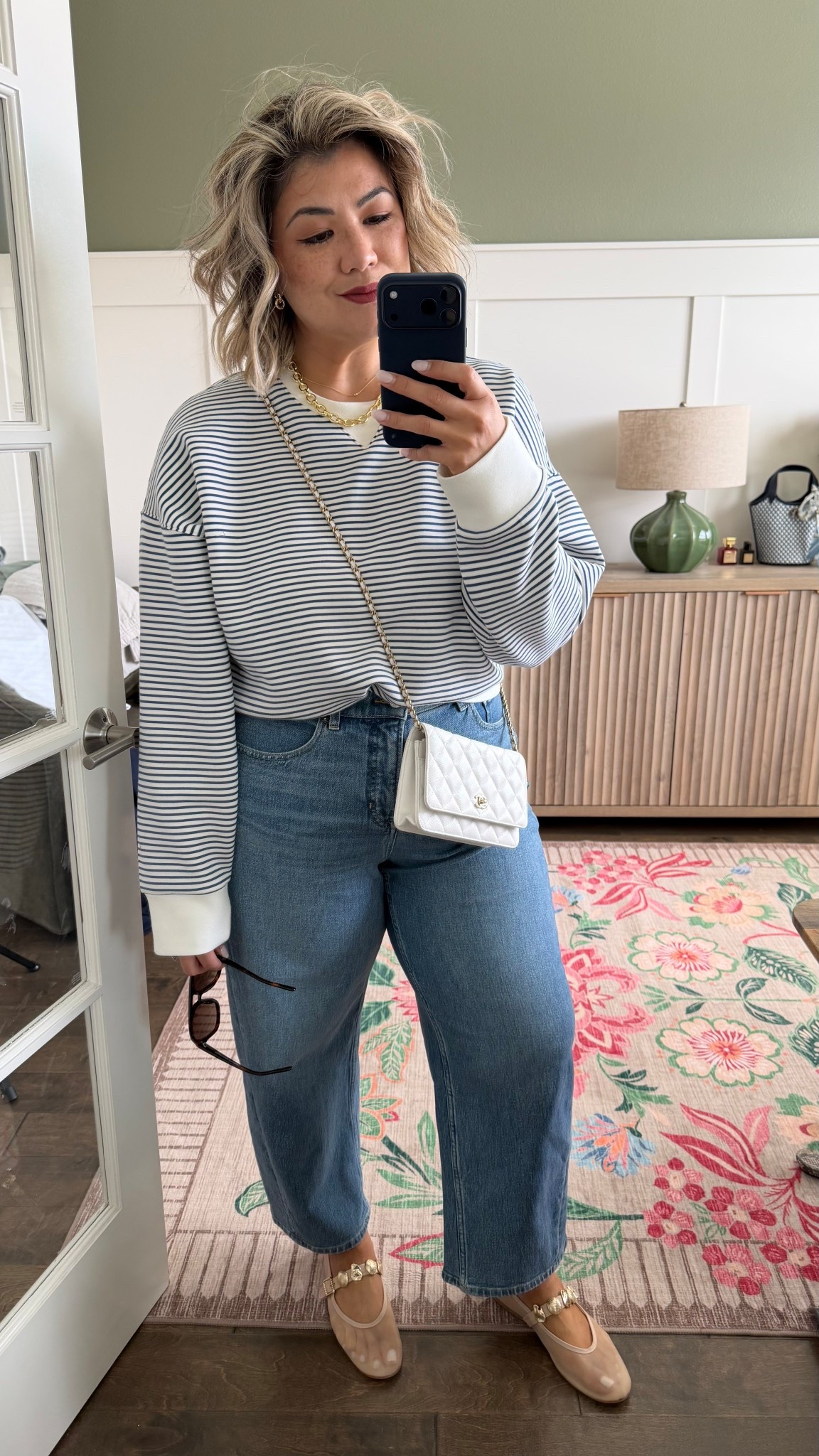 Older @spanx crew neck air essentials top paired with my most worn @Spanx barrel jean. I will say it over and over how comfy they truly are. I wear them in a xl petite. They are a very slight barrel and perfect for easy everyday wear. Of course, I’m wearing my new mesh Mary Jane flats which run true to size  

#LTKMidsize #LTKootd #LTKOver40