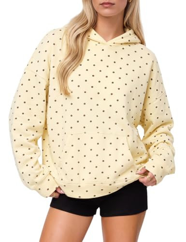 HOCANDY Women's Polka Dot Hoodie Sweatshirt Oversized Fleece Long Sleeve Drop Shoulder Graphic Print Cute Hoodies with Pocket Yellow Brown | Amazon (US)