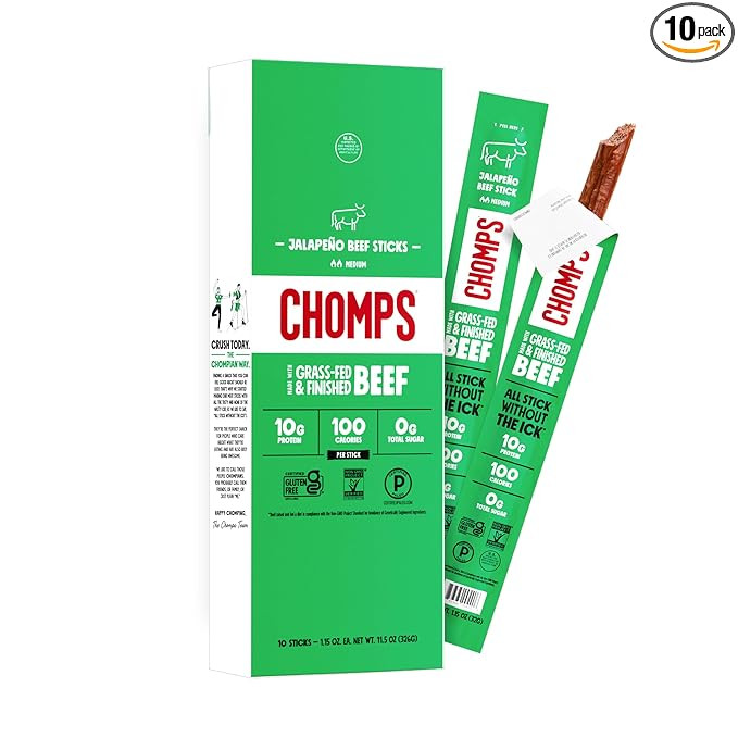 Chomps Jalapeño Beef, Grass-Fed & Finished, 10ct, Protein Snack Stick | Grass-Fed And Finished J... | Amazon (US)