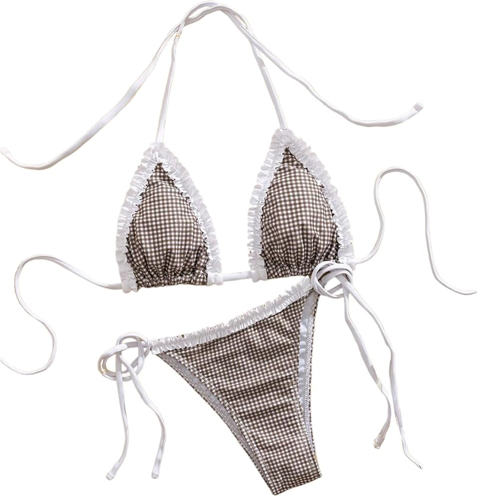 COZYEASE Women's 2 Pieces Plaid Bathing Suit Set Frill Halter Swimsuit Backless Tie Side Bikini S... | Amazon (US)