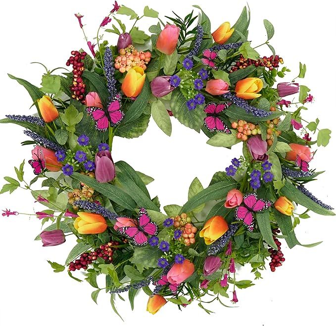 WreathDream Spring Summer Wreath Tulip Wreath for Front Door with Purple Tassels, Eucalyptus Leav... | Amazon (US)