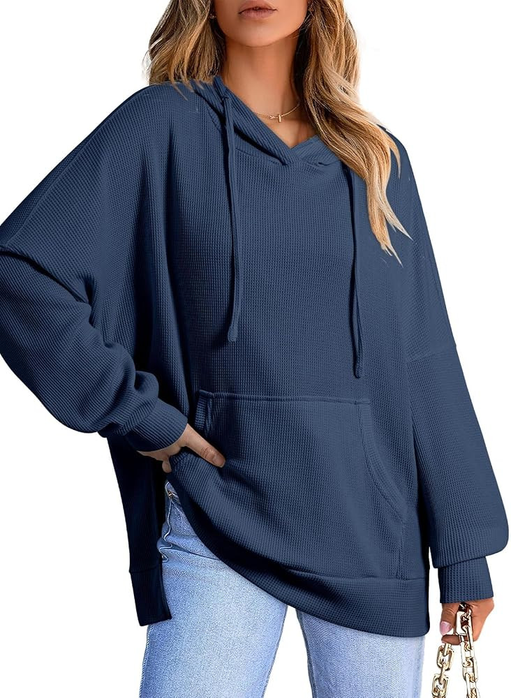 Dokotoo Oversized Hoodies for Women Casual Long Sleeve Waffle Knit Drawstring Side Slit Pullover ... | Amazon (US)