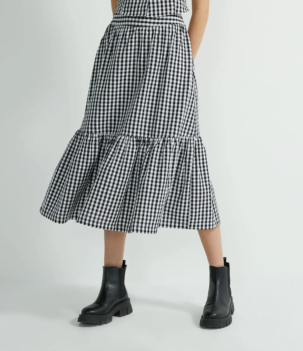 Saia Midi em Algodão Estampa Xadrez com Babado na Barra Preto - Lojas Renner | Lojas Renner BR