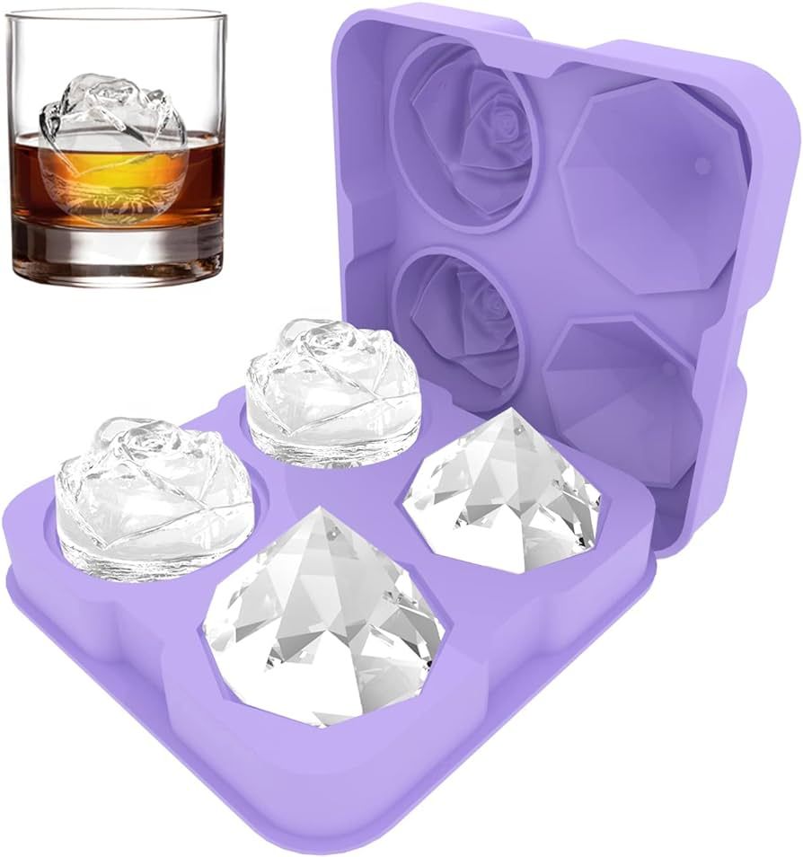 Ice Cube Tray, HANCELANT 2.5inch Ice Cube Molds, 2 Cavity Silicone Rose & 2 Diamond Ice Ball Make... | Amazon (US)
