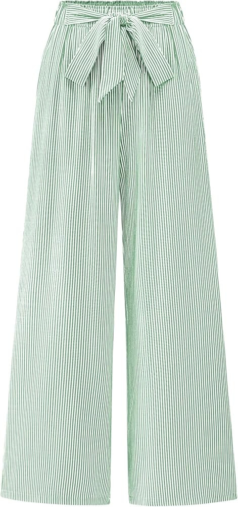 BTFBM Pants for Women 2026 Spring Clothes Striped High Waist Tie Knot Dressy Casual Wide Leg Pala... | Amazon (US)