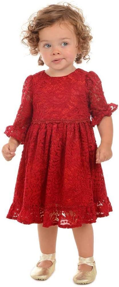 Pastourelle by Pippa & Julie Baby Girls 3/4 Sleeve Allover Lace Dress, Red, 12M | Amazon (US)