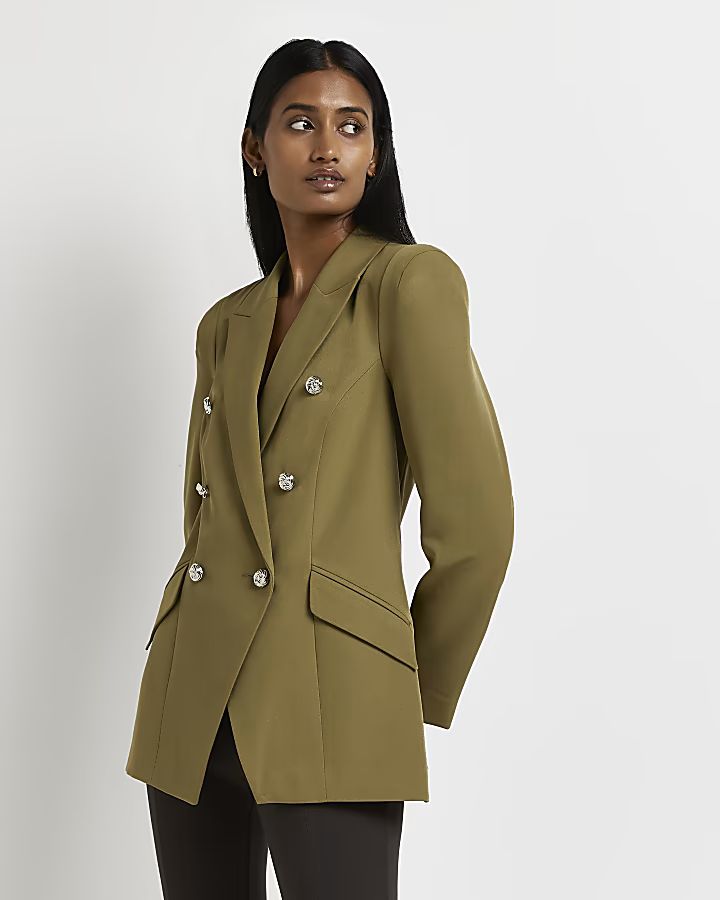 Khaki double breasted tuxedo blazer | River Island (UK & IE)