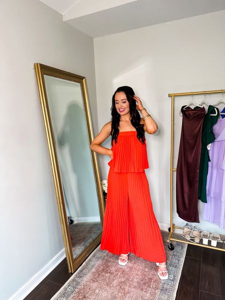 Under $40 amazon strapless pleated jumpsuit (small, 5+ colors), under $45 amazon white block heels (tts) love this jumpsuit for a spring or summer wedding guest or a vacation! #founditonamazon 

#LTKSeasonal #LTKunder50 #LTKwedding
