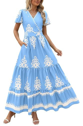 PRETTYGARDEN Womens Summer Casual V Neck Boho Maxi Dress Flowy Aline Bell Sleeve Tiered Floral Dr... | Amazon (US)