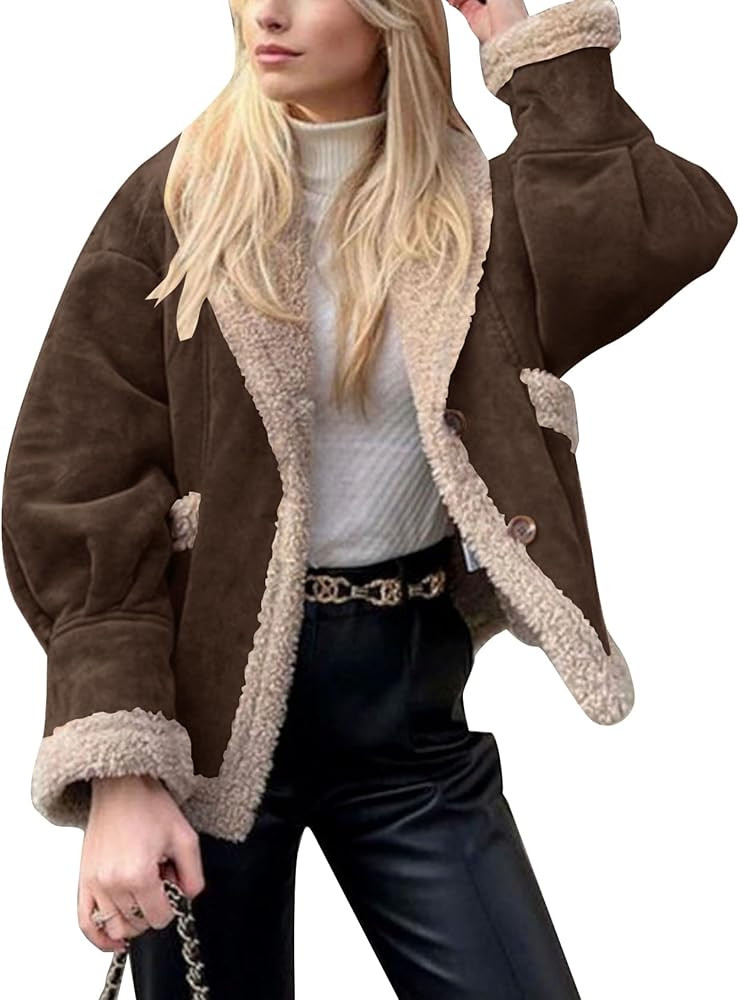 Flygo Womens Winter Faux Suede Jacket Sherpa Lined Jacket Button Down Lapel Fleece Jacket Winter ... | Amazon (US)