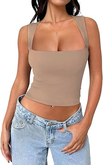 REORIA Women's Square Neck Going Out Crop Tops Double Lined Cute Basic Tank Tops 2024 Trendy Clot... | Amazon (US)
