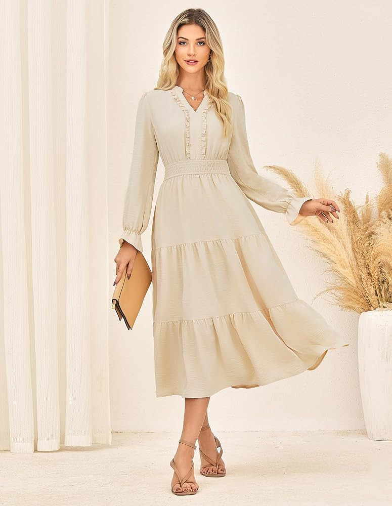 GRACE KARIN Damen Freizeit Kleid Boho V Ausschnitt Rüschen Elastische Taille Midi Kleid | Amazon (DE)