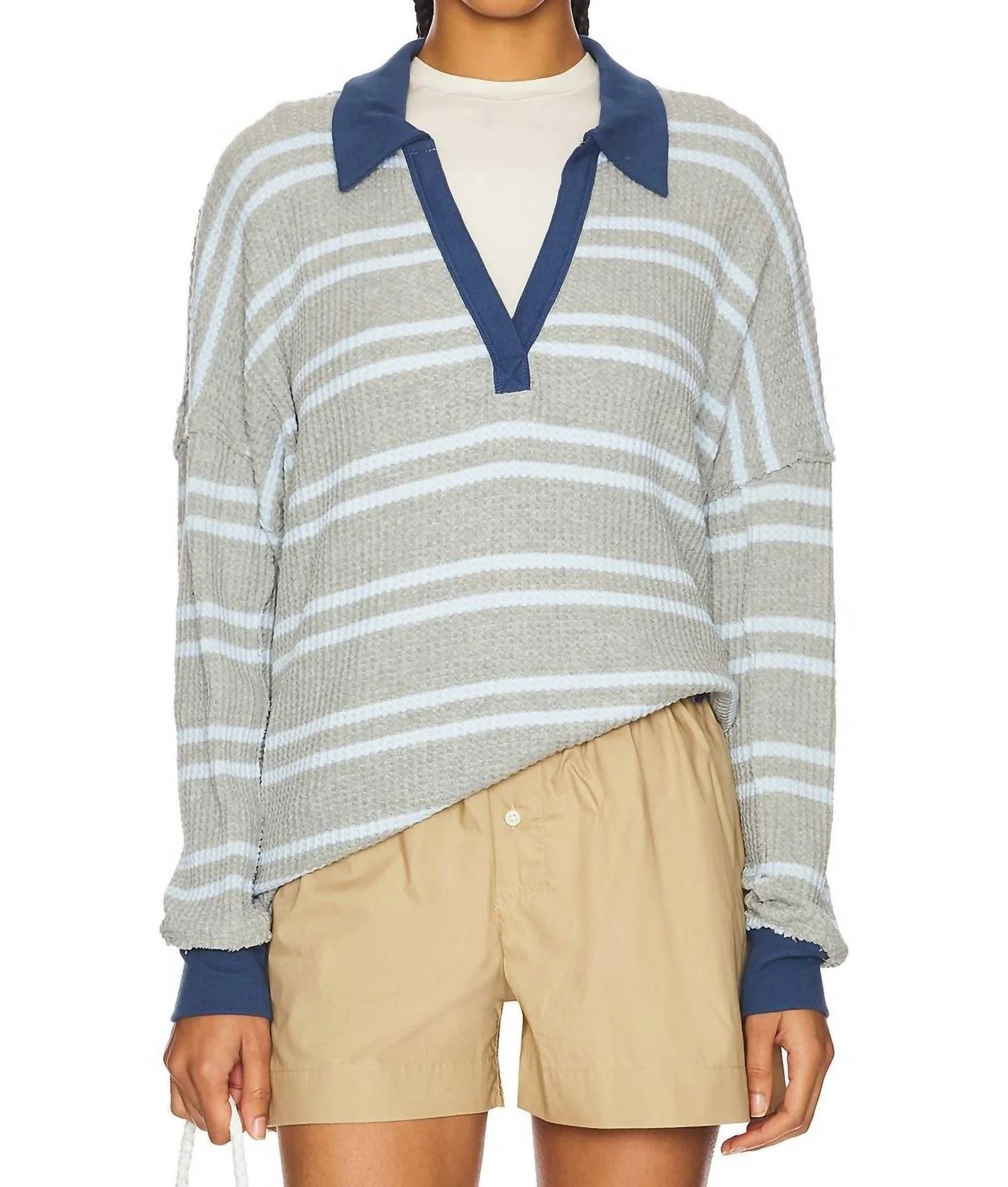 Striped Travis Polo Top In Grey Combo | Shop Simon