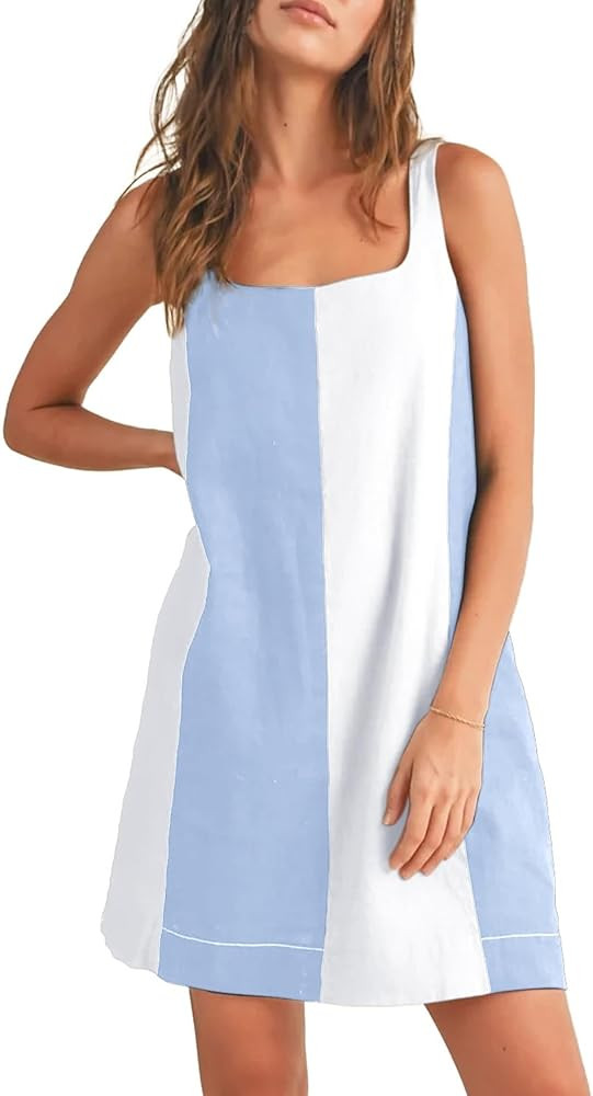 Womens Sleeveless Cotton Dress Summer Fall Color Block Mini Dress Casual Short Adjustable Straps ... | Amazon (US)