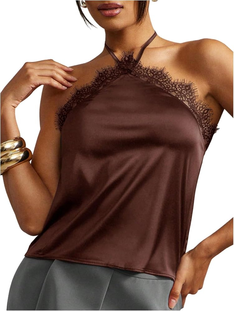 MakeMeChic Women's Satin Halter Tops Silk Lace Trim Tie Backless Going Out Tank Top | Amazon (US)