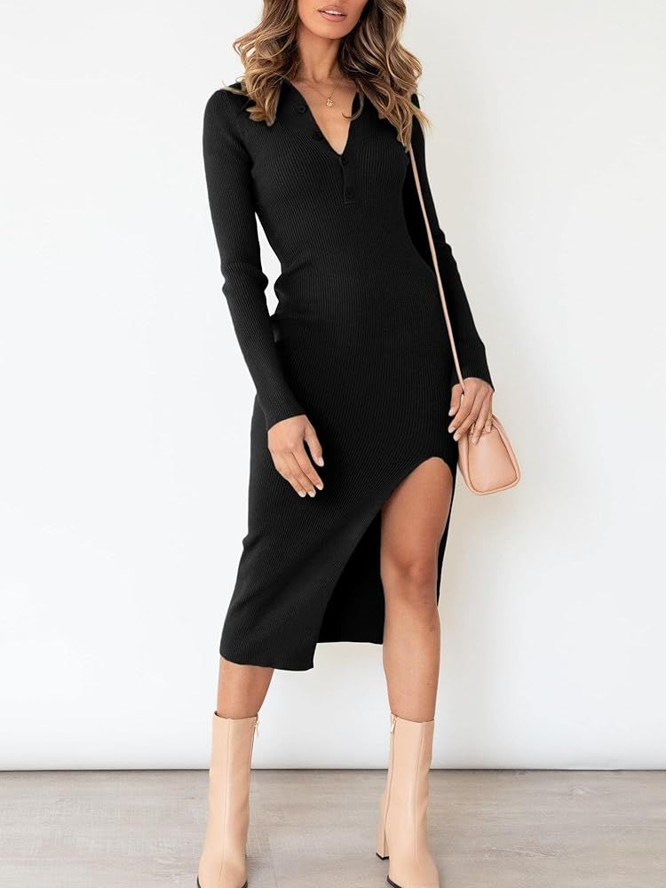 Prinbara Women's V Neck Long Sleeve Collared Button Down Knitted Bodycon Slit Midi Sweater Dress | Amazon (US)