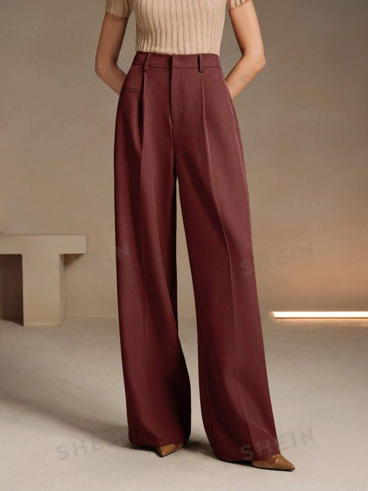 Anewsta Black Modern City Commuter Loose Straight Leg Pants With Belt | SHEIN