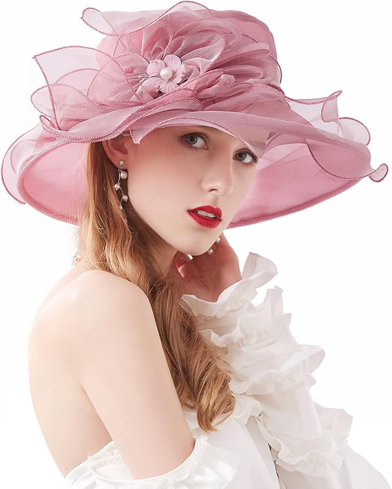 Women Derby Fascinator Hat Organza Church Wedding Tea Party Hats Wide Brim Sun Hat | Amazon (US)