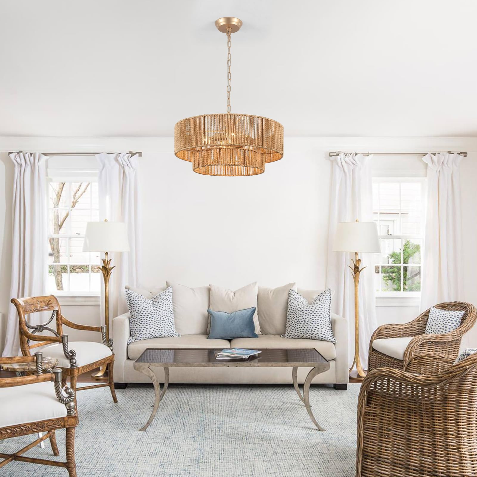 Boho Rattan Chandelier, 17.71” Rattan Pendant Light 4-Light with 2-Tier Hand-Woven Shade, Farmh... | Amazon (US)