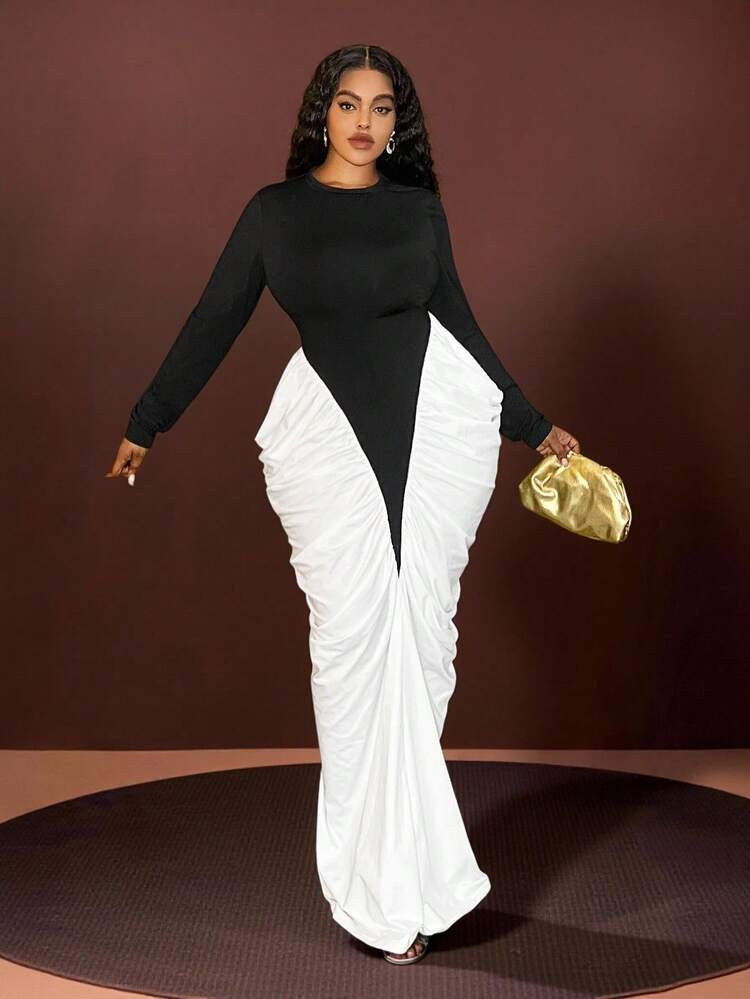 Veslaya 2025 Autumn/Winter Plus Size Women's Dress, Y2K Street Style, Elegant Ruched Colorblock D... | SHEIN