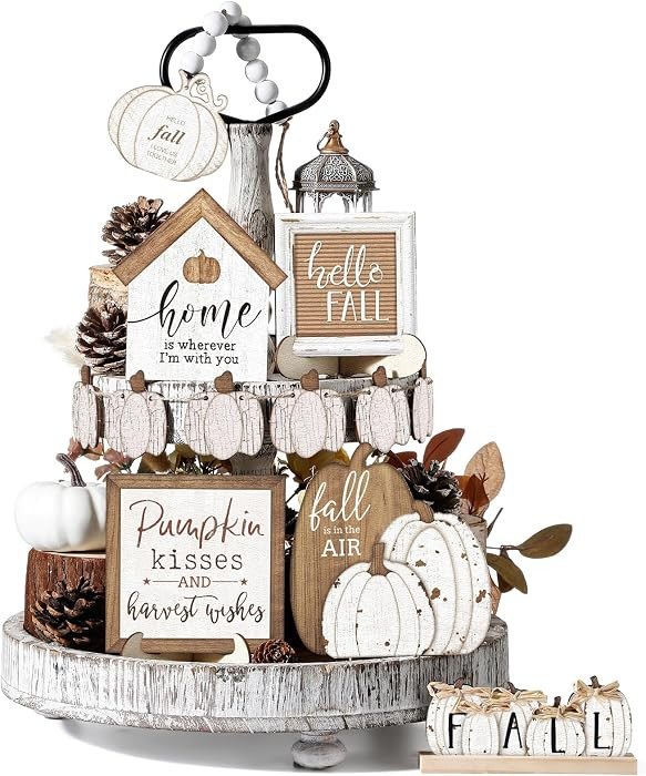 Reallnaive 18 Pcs Fall Tiered Tray Decor Set Neutral Wood Signs | Amazon (US)