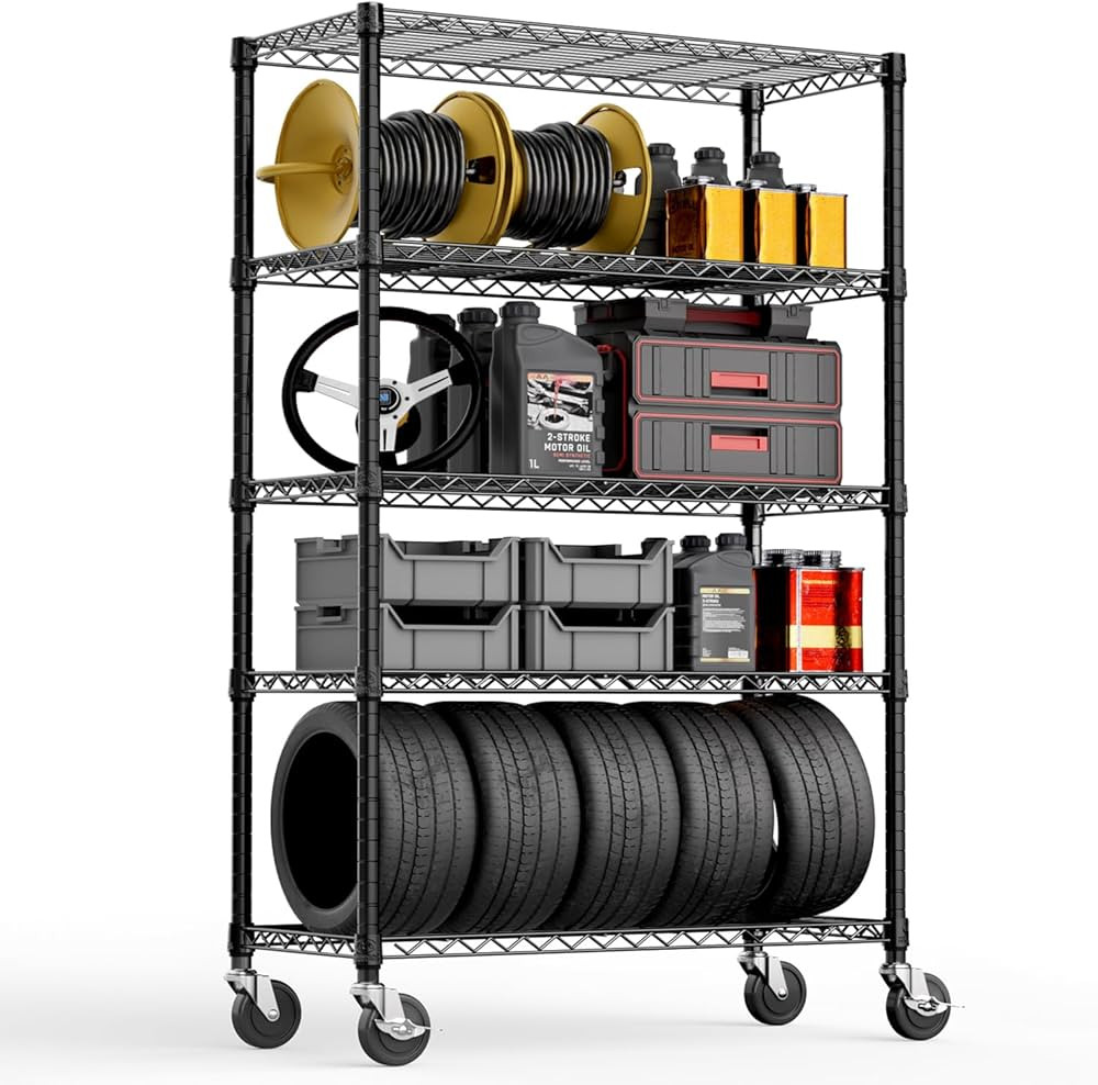 MZG Steel Storage Shelving 5-Tier Utility Shelving Unit with Wheels, Steel Organizer Wire Rack fo... | Amazon (US)