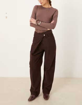 ASOS DESIGN corduroy wrap over wide leg jean in chocolate brown | ASOS (Global)