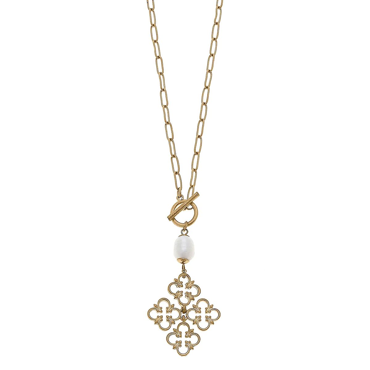 Bellamy Open Quatrefoil & Pearl Pendant T-Bar Necklace in Worn Gold | CANVAS
