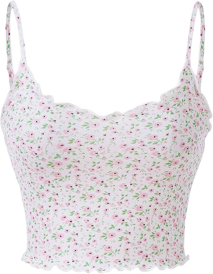 SHENHE Women's Ditsy Floral Lettuce Trim Ribbed Knit Crop Cami Top Casual Fitted Top | Amazon (US)
