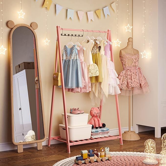 Bestier Pink Clothing Rack, Kids Clothing Rack with Bottom Storage Shelf, Sturdy Steel Dress up R... | Amazon (US)