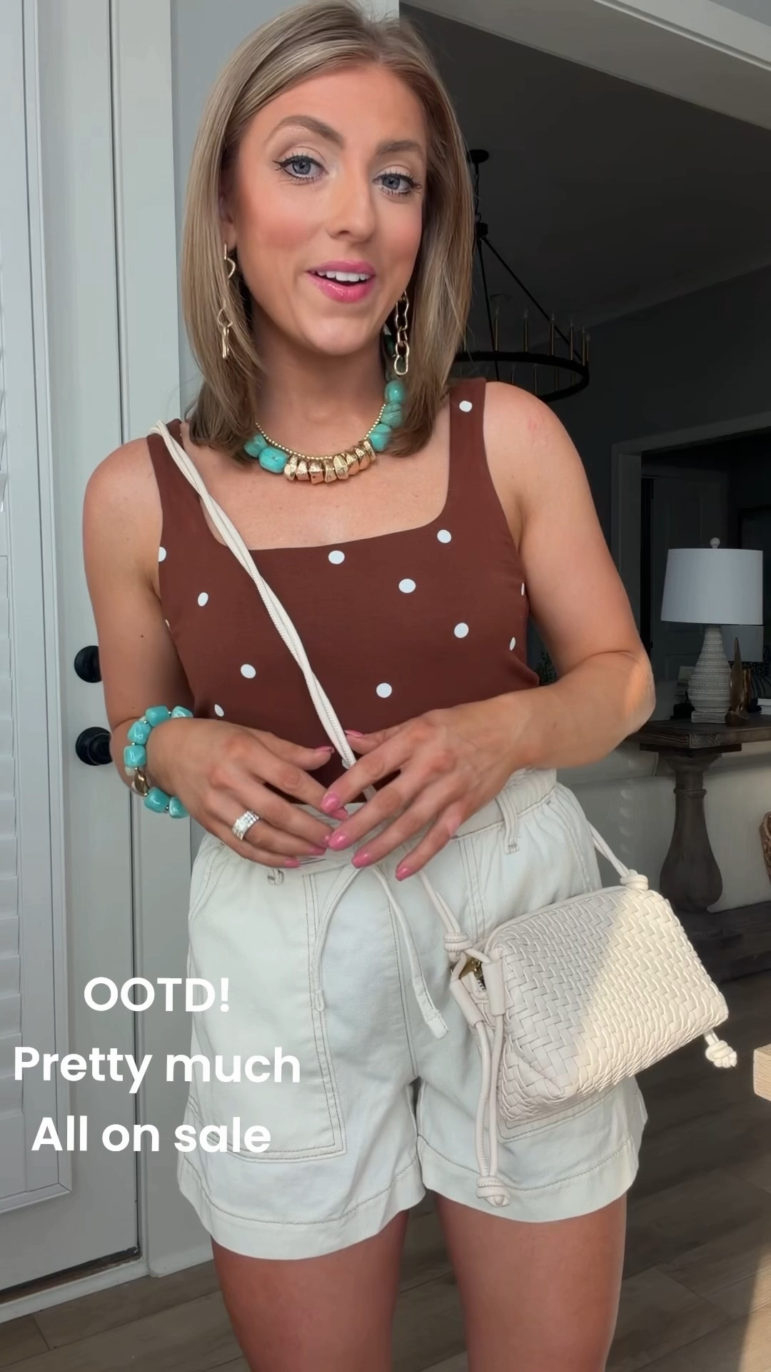 OOTD of the day 🤎✨ This look is giving effortless summer style, and the best part? Almost everything is on sale! I paired this adorable brown polka dot tank with the cutest cream paperbag shorts for an easy outfit that works for brunch, shopping, errands, or date night. I finished it off with my favorite woven crossbody, turquoise statement jewelry, and these gorgeous brown sandals with gold hardware that look so much more expensive than they are.

If you’re looking for affordable summer fashion, this is one of those outfits you’ll reach for again and again. Neutral pieces like these mix and match with everything in your closet!

✨ Outfit details:
• Brown polka dot tank
• Cream paperbag shorts
• Woven crossbody bag
• Turquoise necklace + bracelet
• Gold link earrings
• Brown gold-detail sandals
• Pretty much everything is on sale!

#OOTD #SummerOOTD #AffordableFashion #SummerStyle #CasualChic #EverydayStyle #NeutralOutfit #PolkaDotTop #PaperbagShorts #SummerFashion #SaleFinds #FashionDeals #AmazonFashion #WalmartFashion #LTKStyle #LTKFinds #StyleInspo #DailyOutfit #SummerWardrobe #FashionBlogger

#LTKootd #LTKSaleAlert #LTKPetite
