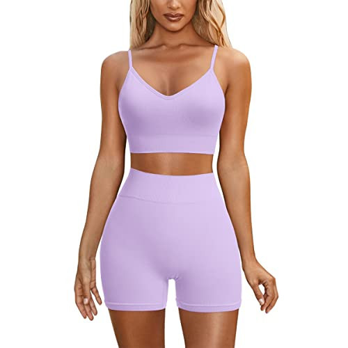 IWEMEK Women Workout Sets 2 Piece Seamless Tummy Control High Waist Biker Shorts Criss-Cross Back Padded Strappy Sports Bras Macthing Sets Exercise Gym Yoga Outfits Purple Large | Amazon (US)