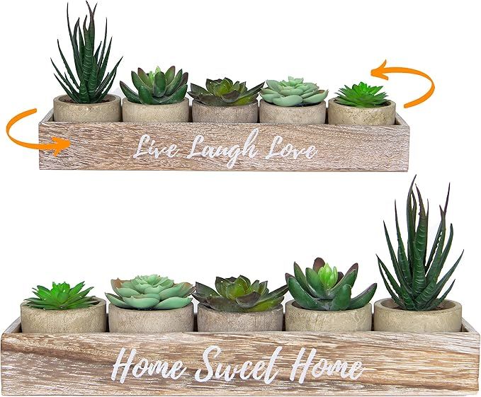 5 Artificial Succulent Plants with Pots with Rustic Planter Box – Home Sweet Home & Live Laugh ... | Amazon (US)