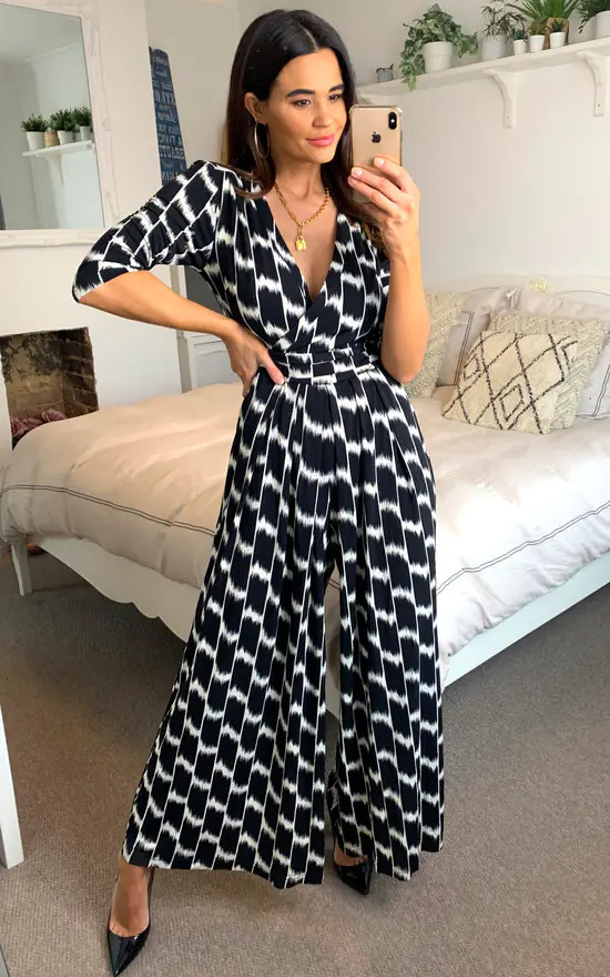 Geometric Print Wrap Jumpsuit Black/White | SilkFred | SilkFred