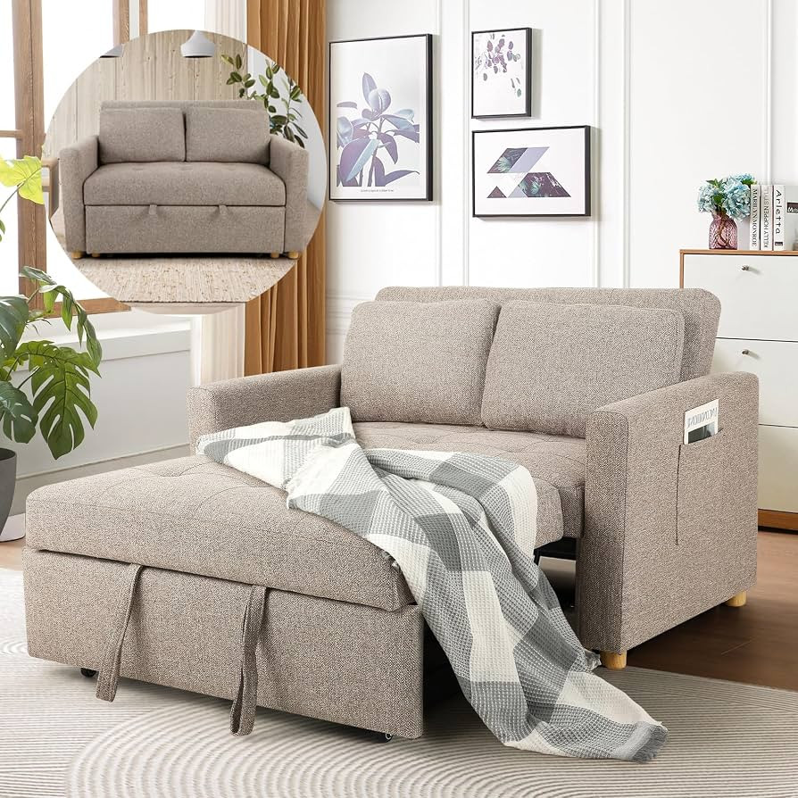 SEJOV 3-in-1 Convertible Sofa Bed, Linen Fabric Sleeper Couch Pull Out Bed, 49" 2-Seater Loveseat... | Amazon (US)