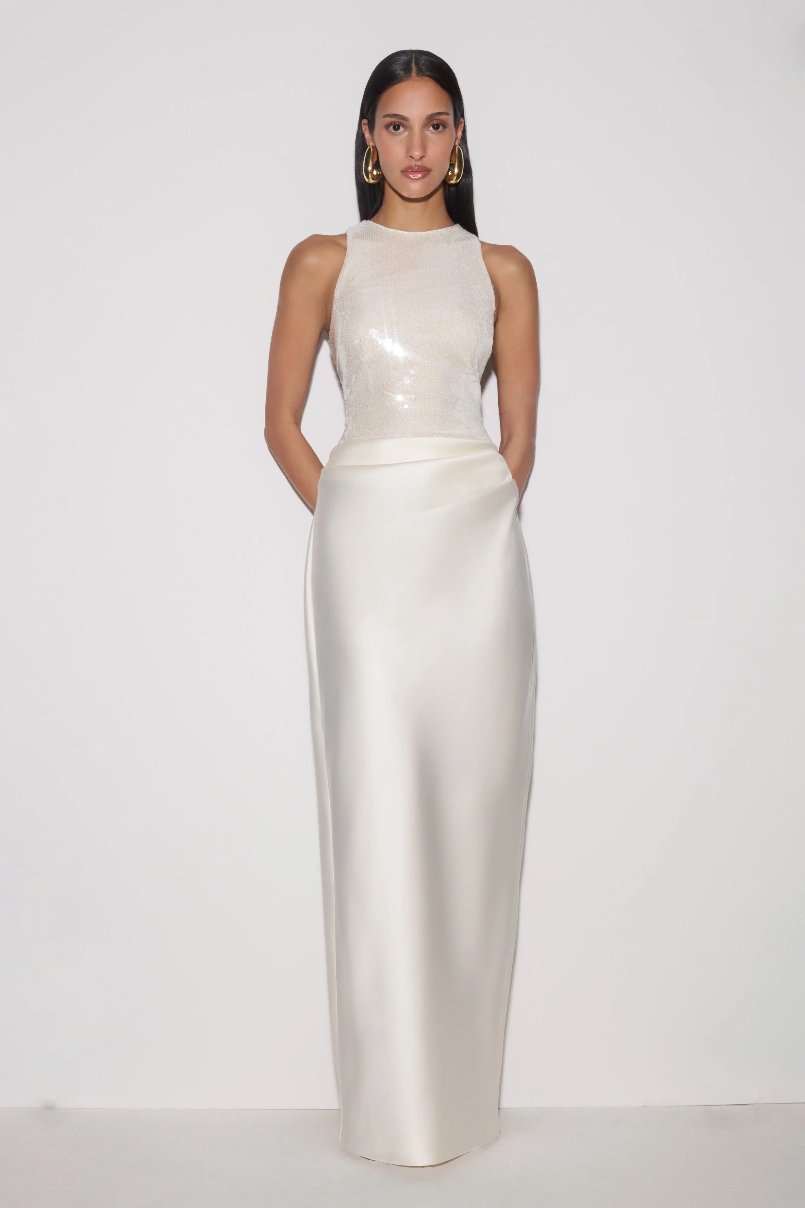 Addison Sequin & Satin Maxi Dress / White | MESHKI | XXS | MESHKI US