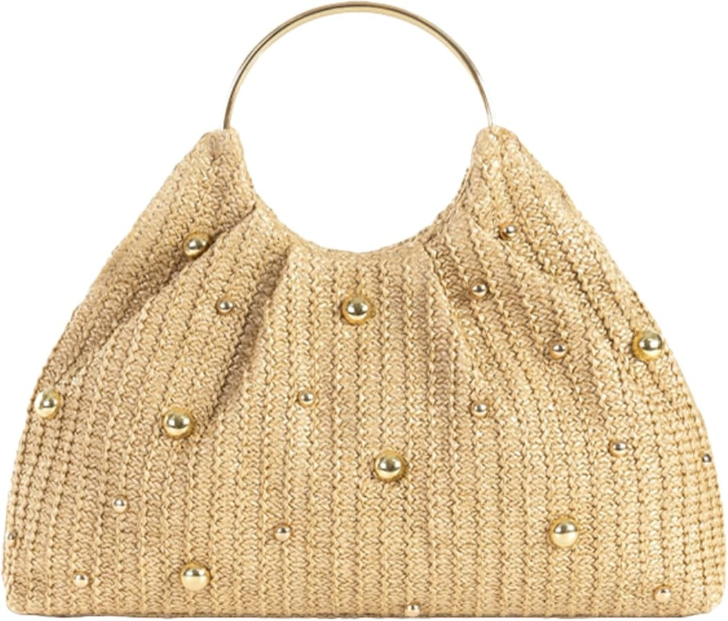 2025 Chic Straw Tote Bag Round Handheld Elegant Evening Clutch Women Party Handbag Metal Handle B... | Amazon (US)