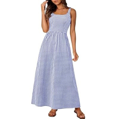 PRETTYGARDEN Women's 2026 Summer Spaghetti Strap Maxi Dresses Plaid Square Neck A L… | Amazon (US)