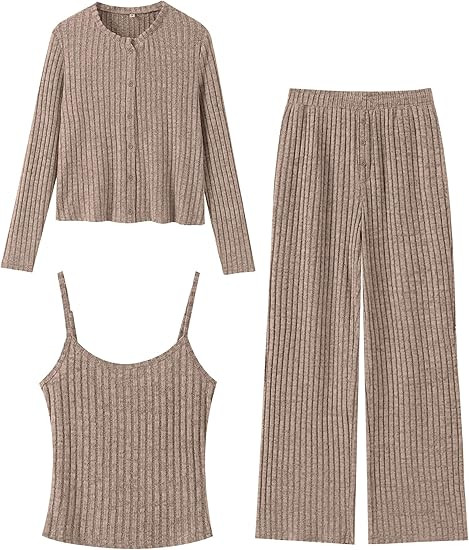 ANRABESS Women 3 Piece Lounge Pajama Sets Knit Crop Cardigan Cami Top Wide Leg Pants 2025 Fall Ou... | Amazon (US)