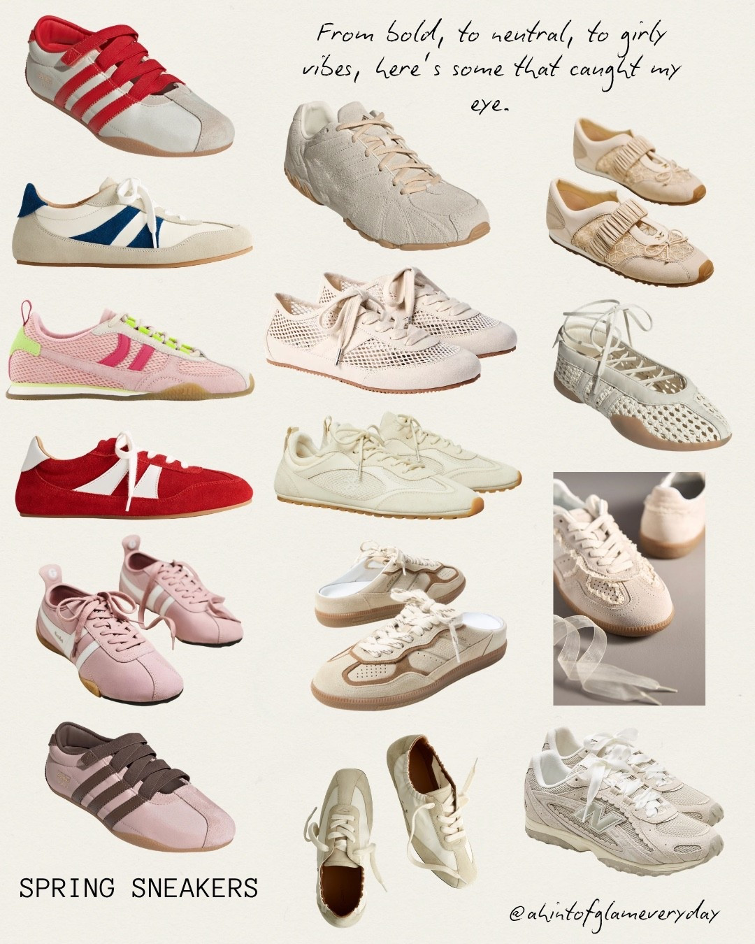 Spring outfits 2026. Spring sneakers. 
Bold colors are fun for Spring. I’m loving pink options lately. 
Neutral white or off-white sneakers to match everything. I have and love ballet sneakers, satin or ribbon laces, or mixed color laces. 
Some of the girly sneakers are so cute!


#LTKOver40