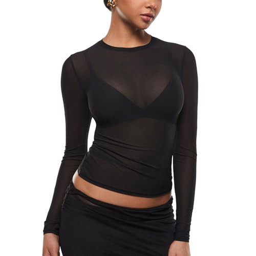 INLYRIC Women's Cosnufy Mesh Sheer Long Sleeve Tops See Through Crew Neck Going Out Tops Trendy Sexy Shirts Black Small | Amazon (US)