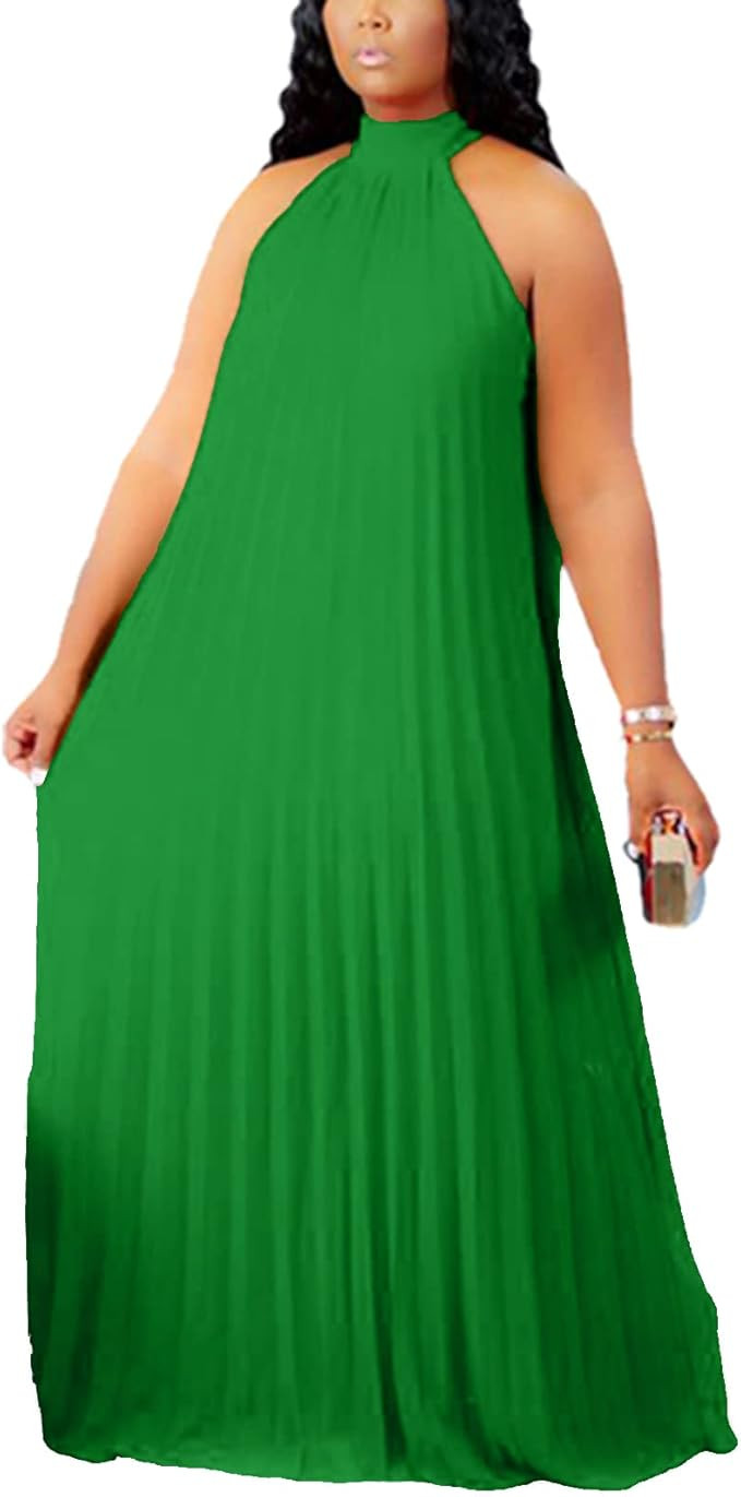 IyMoo Womens Sexy Plus Size Chiffon Dress Sleeveless Pleated Skirts Long Boho Beach Maxi Dresses | Amazon (US)