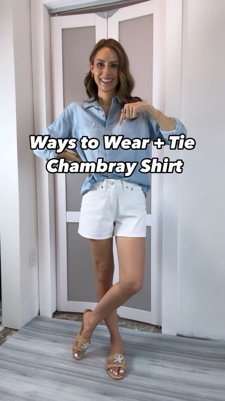 A button-down chambray shirt is a closet staple and capsule wardrobe item! Here are a few ways to wear and/or tie it to change up the look! This can be done with jeans, shorts, or any pants with a belt loop! I am wearing an XS in the shorts and an XS in the top! Sandals are tts but also linking my fave white ones too! 

#LTKVideo #LTKfindsunder50 #LTKstyletip