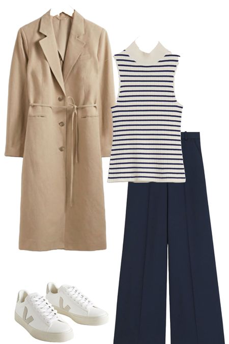 Outfits for out to lunch. #trench #trenchcoat #bretontop #bretonvest #widelegtrousers 

#LTKeurope #LTKstyletip #LTKover40
