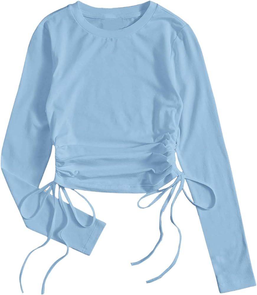 SweatyRocks Women's Long Sleeve Crop Top Drawstring Ruched Tie Side Tee Shirt | Amazon (US)