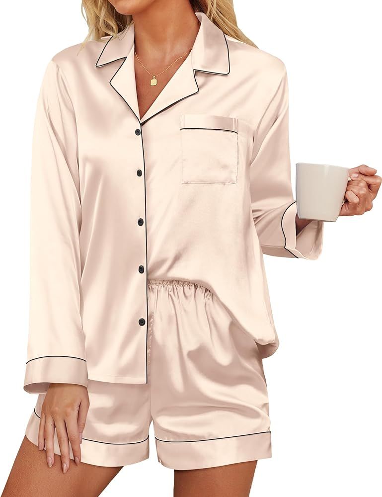 Ekouaer Silk Pajamas Womens Long Sleeve Sleepwear Soft Satin Button Down Loungewear 2 Piece Pjs S... | Amazon (US)