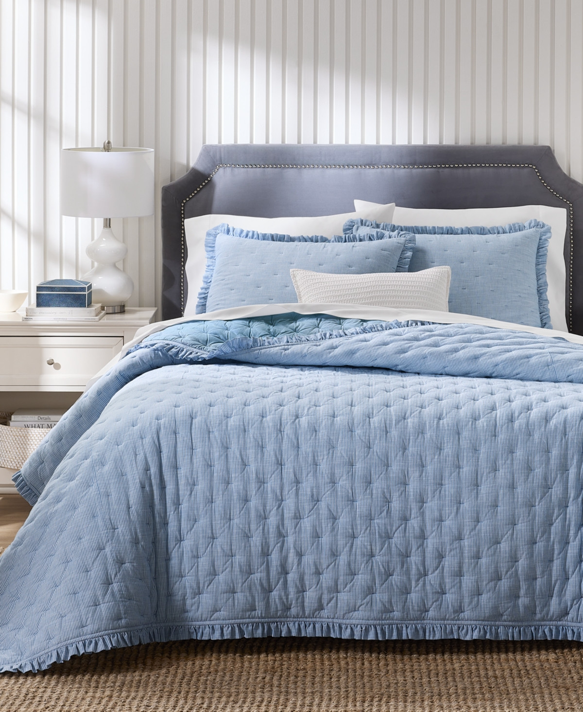 Charter Club Ruffle Pinstripe 3-Pc. Quilt Set, Full/Queen, Macy's Exclusive - Blue | Macy's