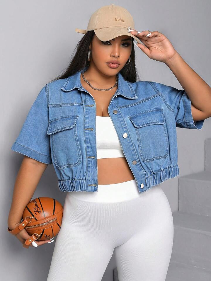 SHEIN EZwear Plus Flap Pocket Drop Shoulder Denim Jacket | SHEIN