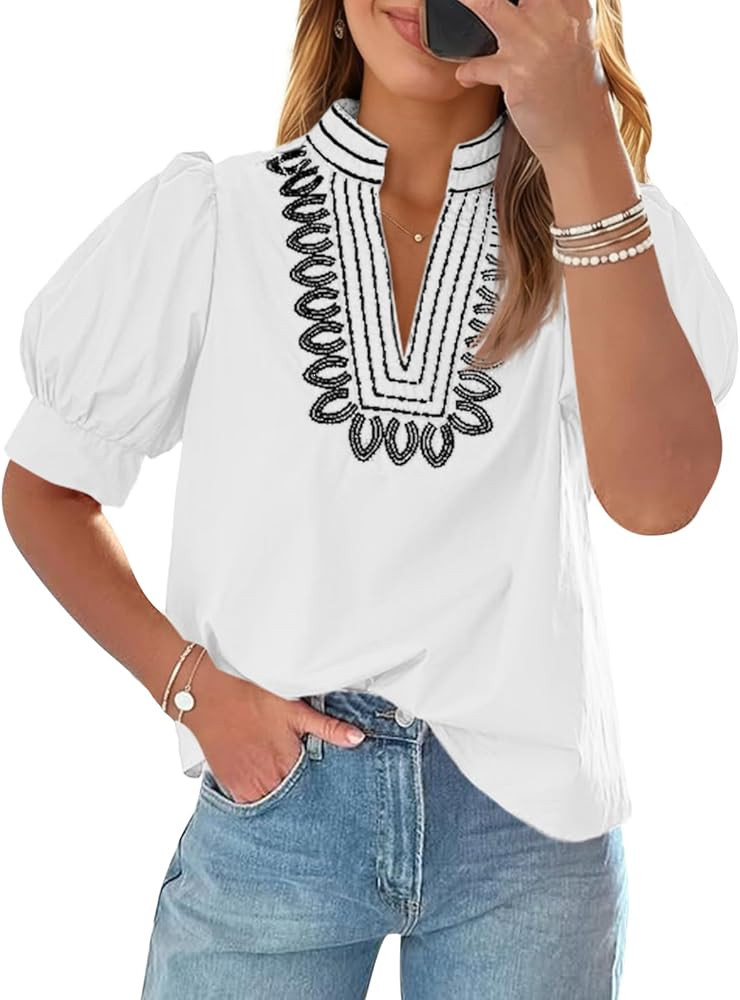 Cicy Bell Womens Puff Short Sleeve Blouses Summer Casual Dressy Embroidered V Neck Tops Loose Fit... | Amazon (US)