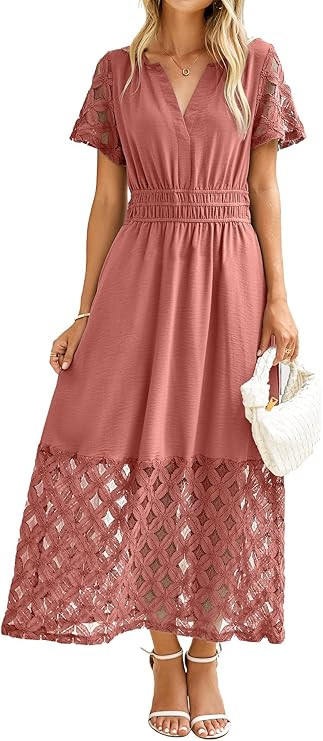 Simplee Womens Summer Maxi Dress 2026 V Neck Empire Waist Long Flowy Boho Dresses with Pockets | Amazon (US)